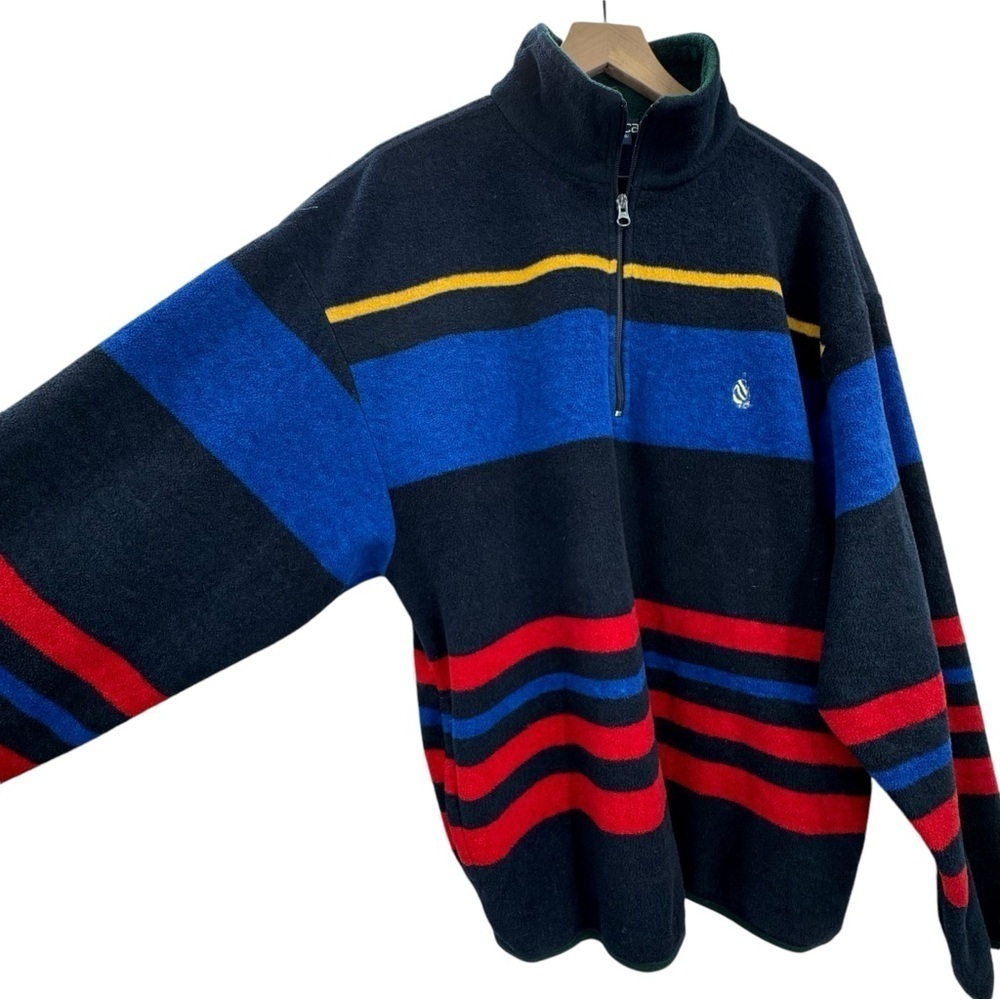 Vintage Nautica Fleece 1/4 Zip Stripe Pullover Pockets Navy Blue Red Made USA XL - Picture 3 of 6